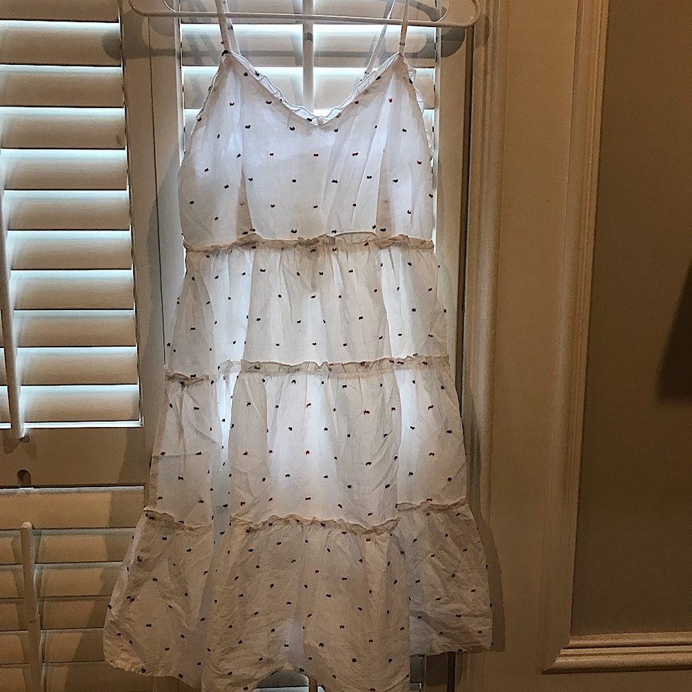 White with red and blue dots